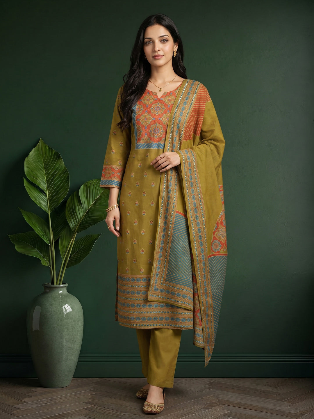 Mehndi Printed Cotton Blend Kurta With Pant &amp; Dupatta