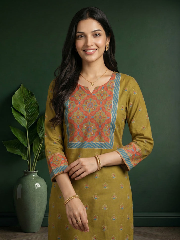 Mehndi Printed Cotton Blend Kurta With Pant &amp; Dupatta