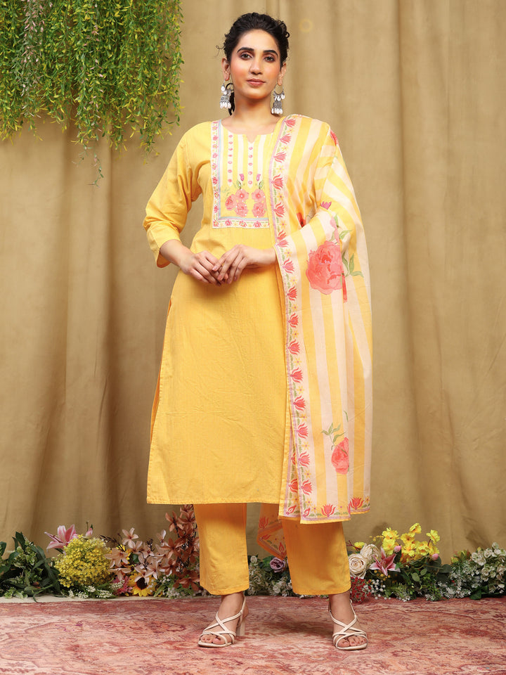 Mustard Printed Cotton Blend Kurta With Pant &amp; Dupatta