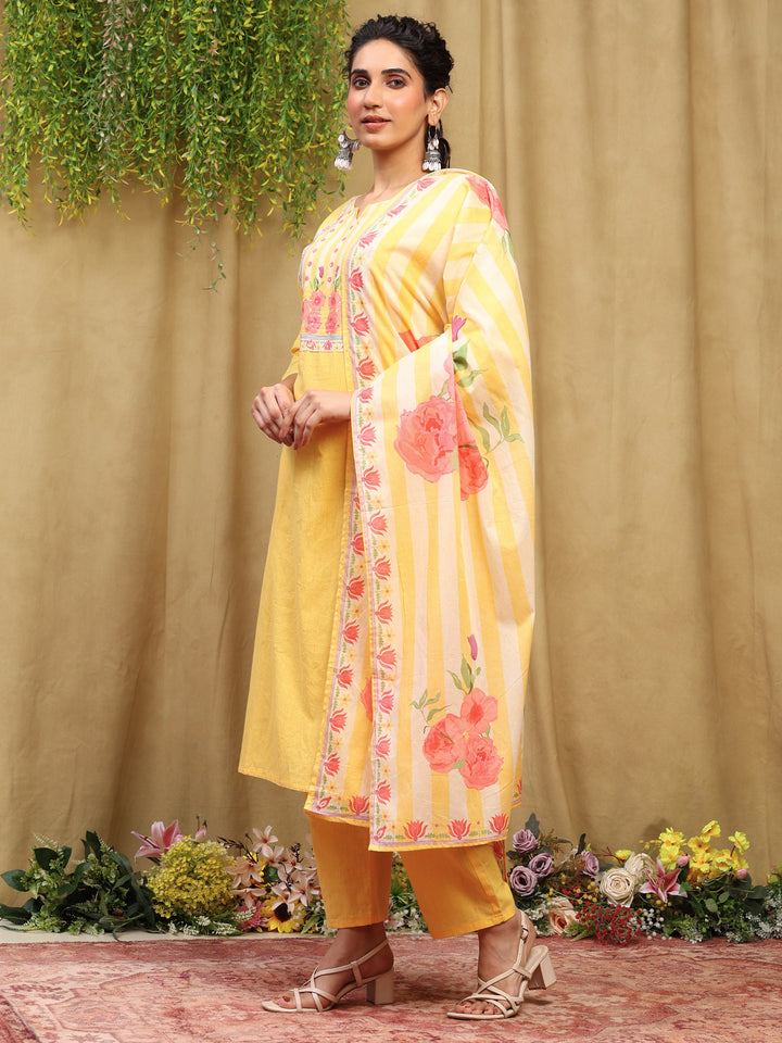 Mustard Printed Cotton Blend Kurta With Pant &amp; Dupatta