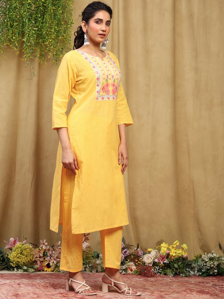 Mustard Printed Cotton Blend Kurta With Pant &amp; Dupatta