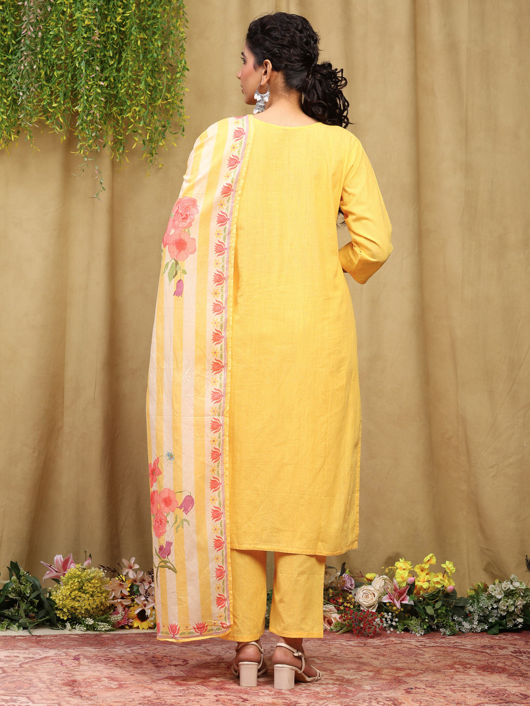 Mustard Printed Cotton Blend Kurta With Pant &amp; Dupatta