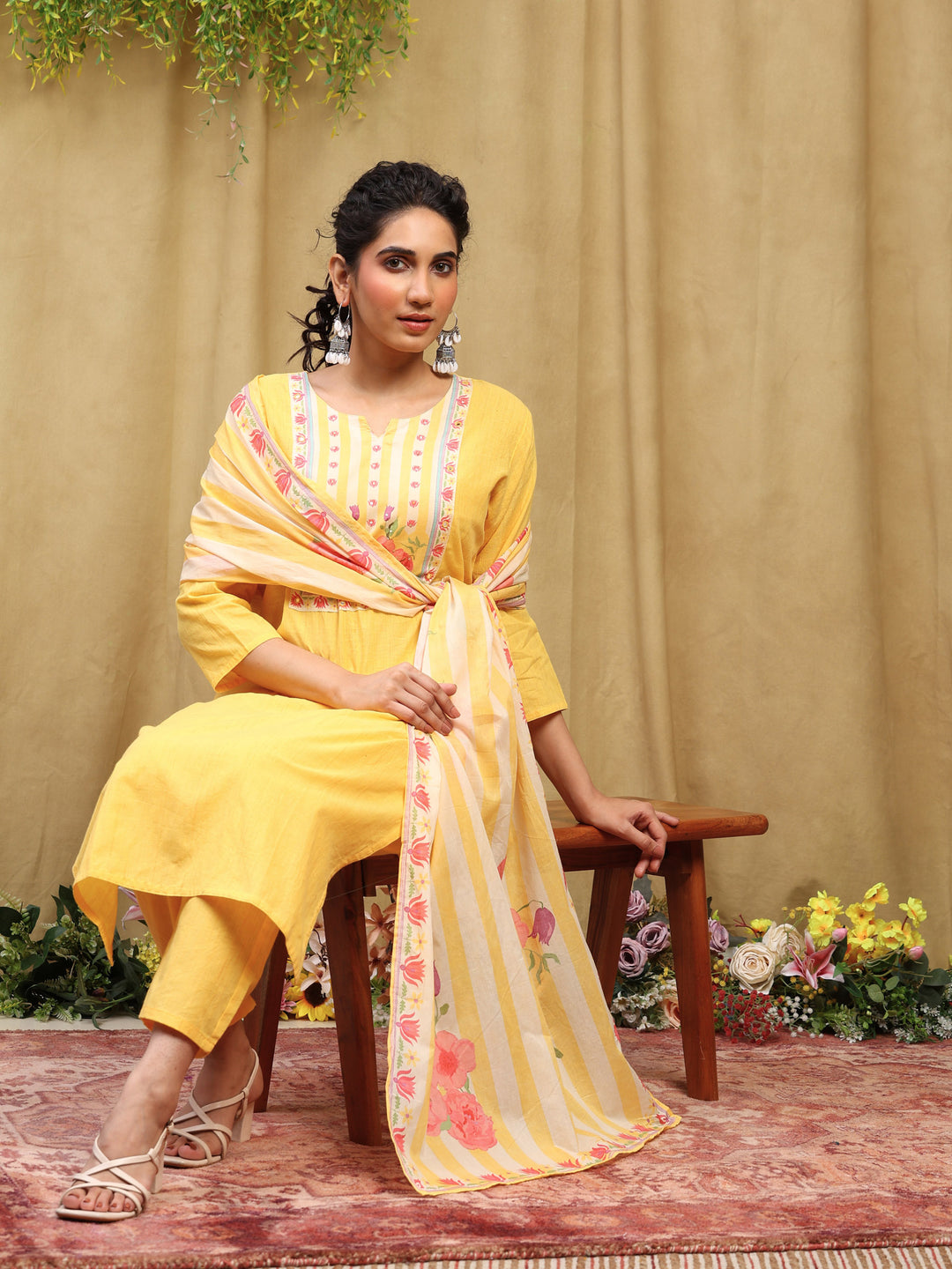 Mustard Printed Cotton Blend Kurta With Pant &amp; Dupatta