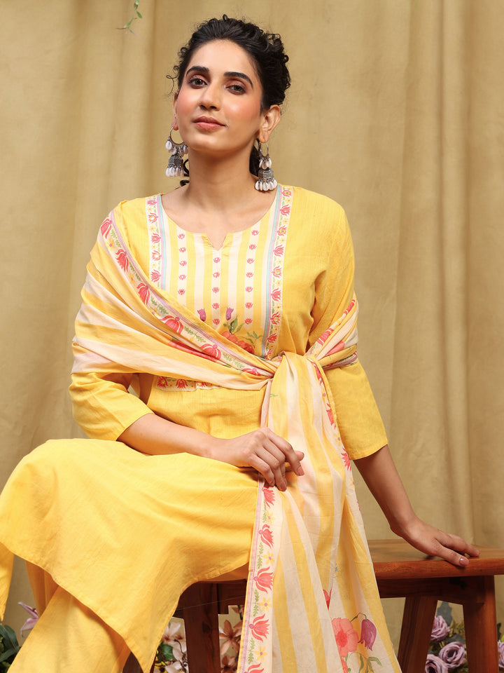 Mustard Printed Cotton Blend Kurta With Pant &amp; Dupatta
