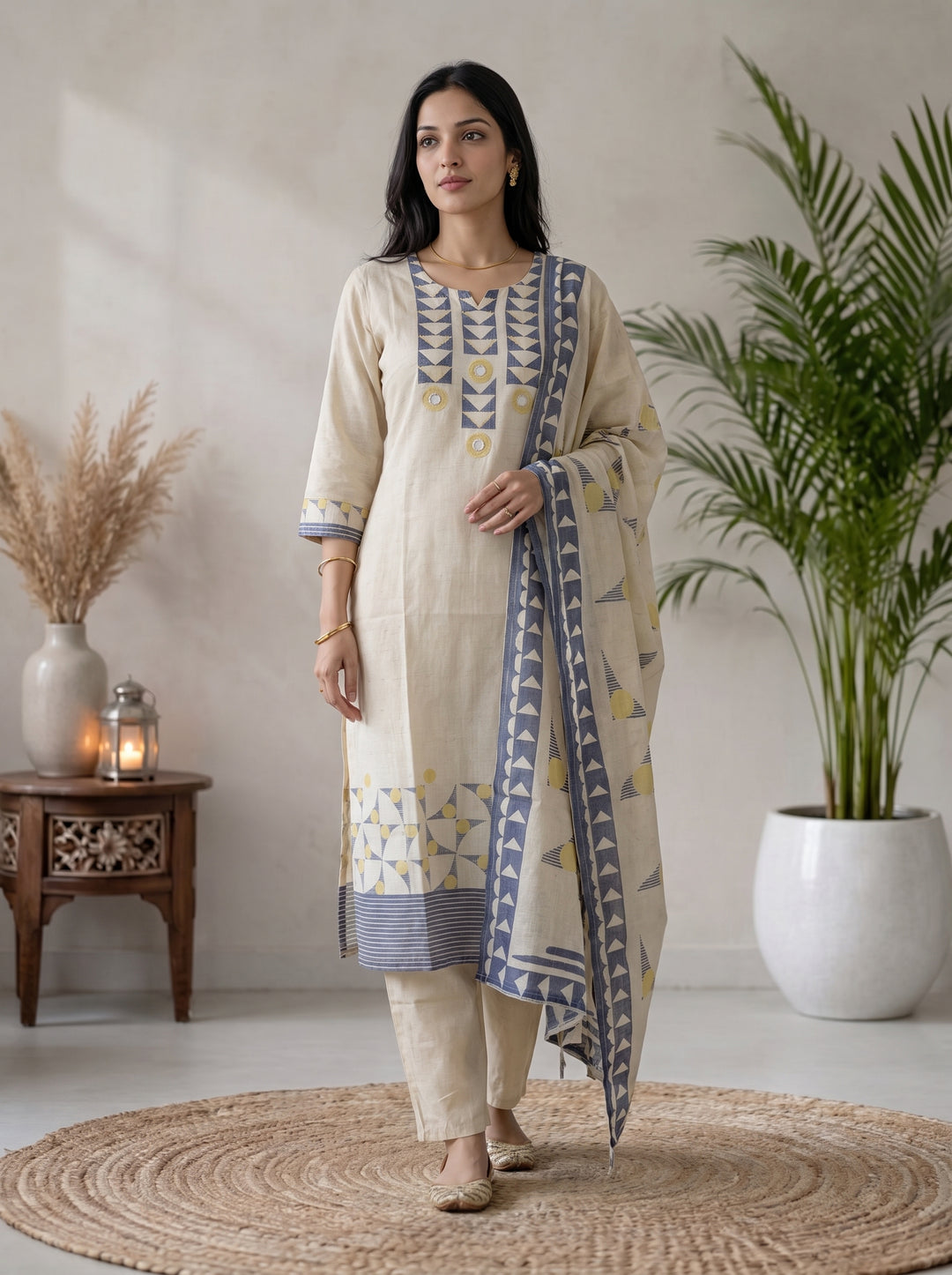 Off White Printed Cotton Blend Kurta With Pant &amp; Dupatta