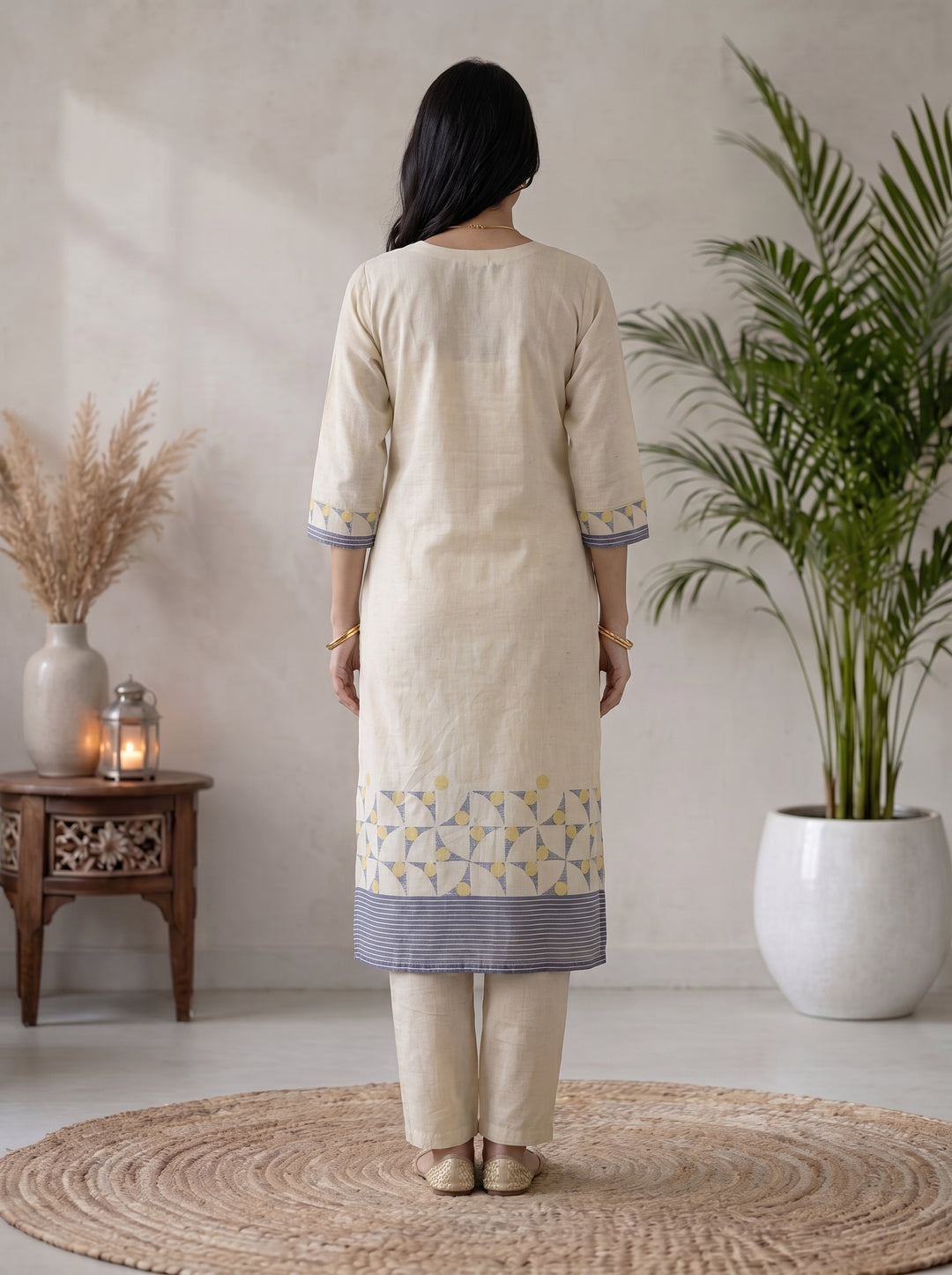 Off White Printed Cotton Blend Kurta With Pant &amp; Dupatta
