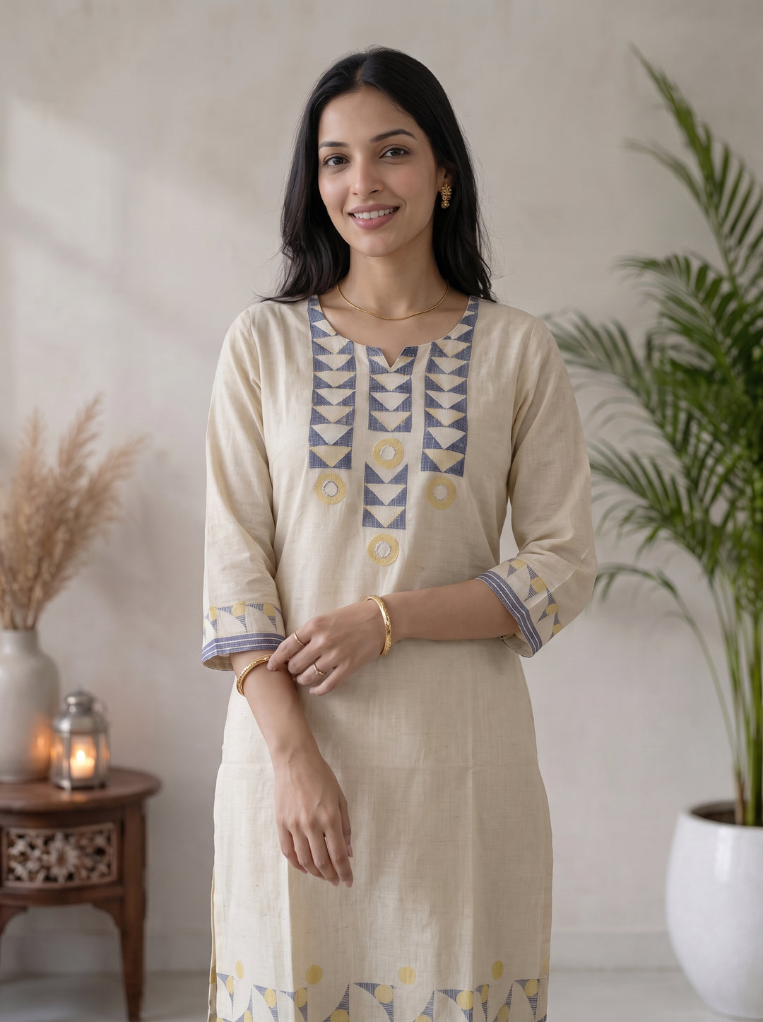 Off White Printed Cotton Blend Kurta With Pant &amp; Dupatta