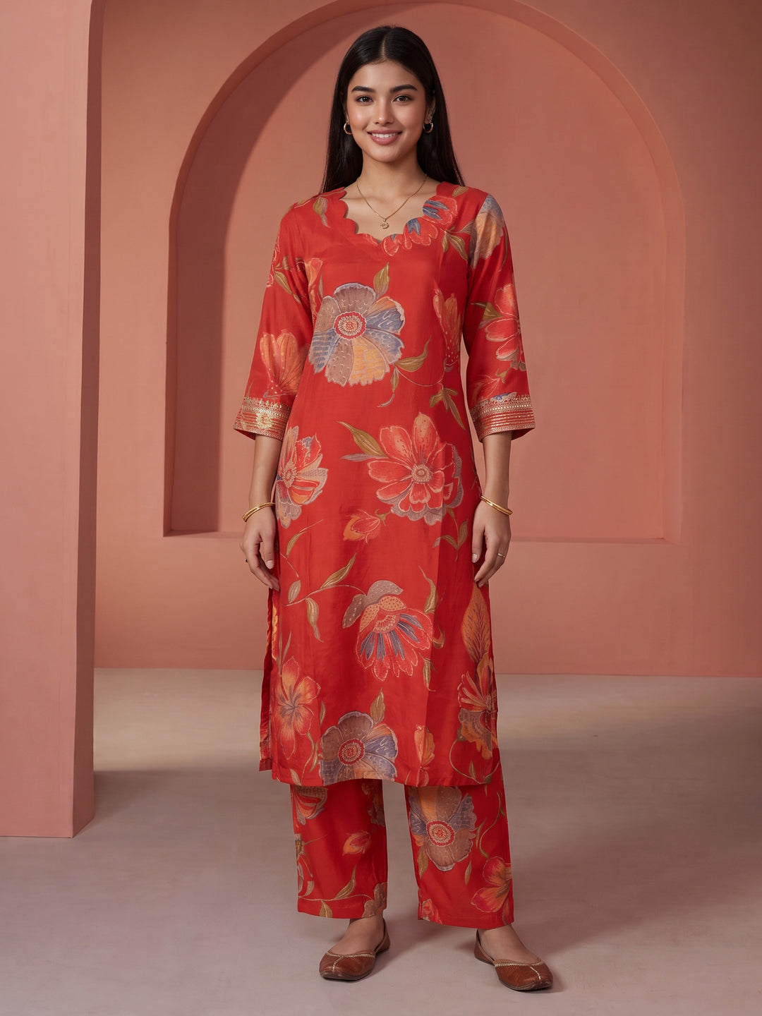 Red Printed Art Silk Kurta
