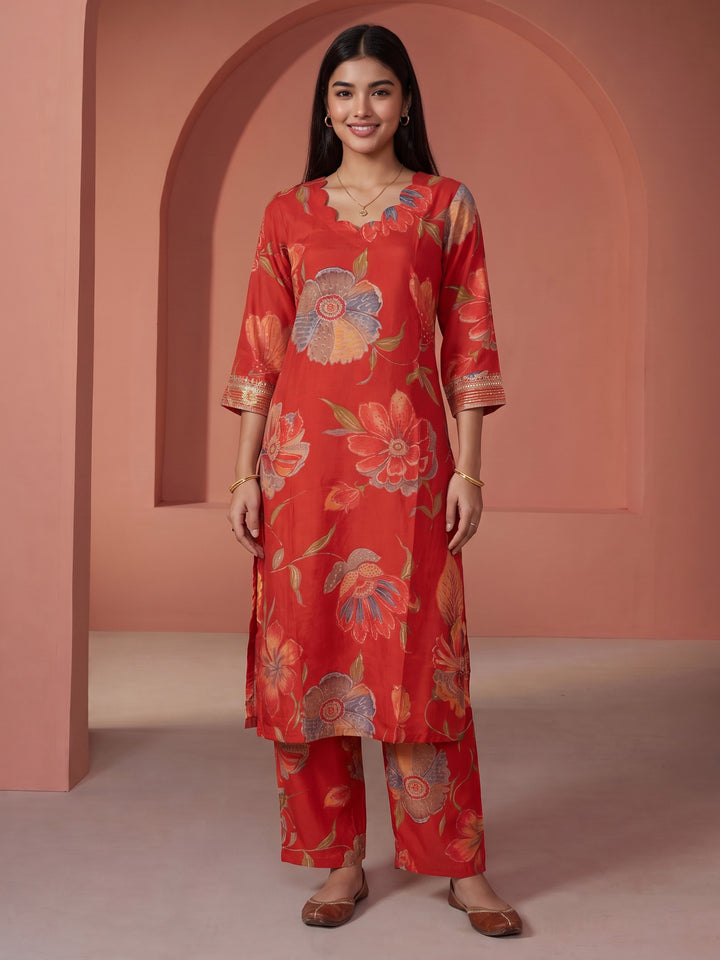 Red Printed Art Silk Kurta