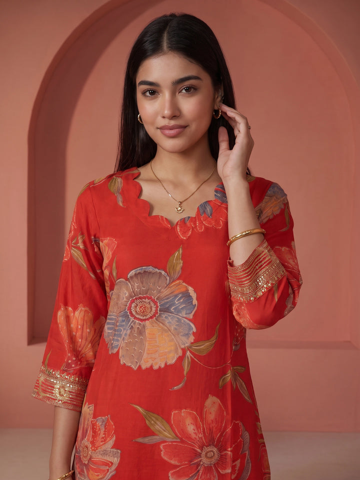 Red Printed Art Silk Kurta