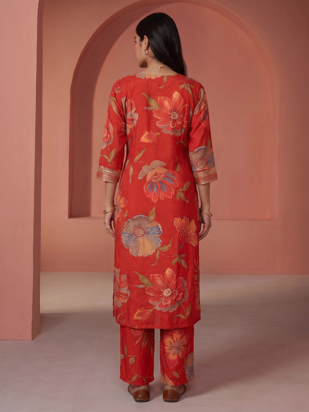 Red Printed Art Silk Kurta