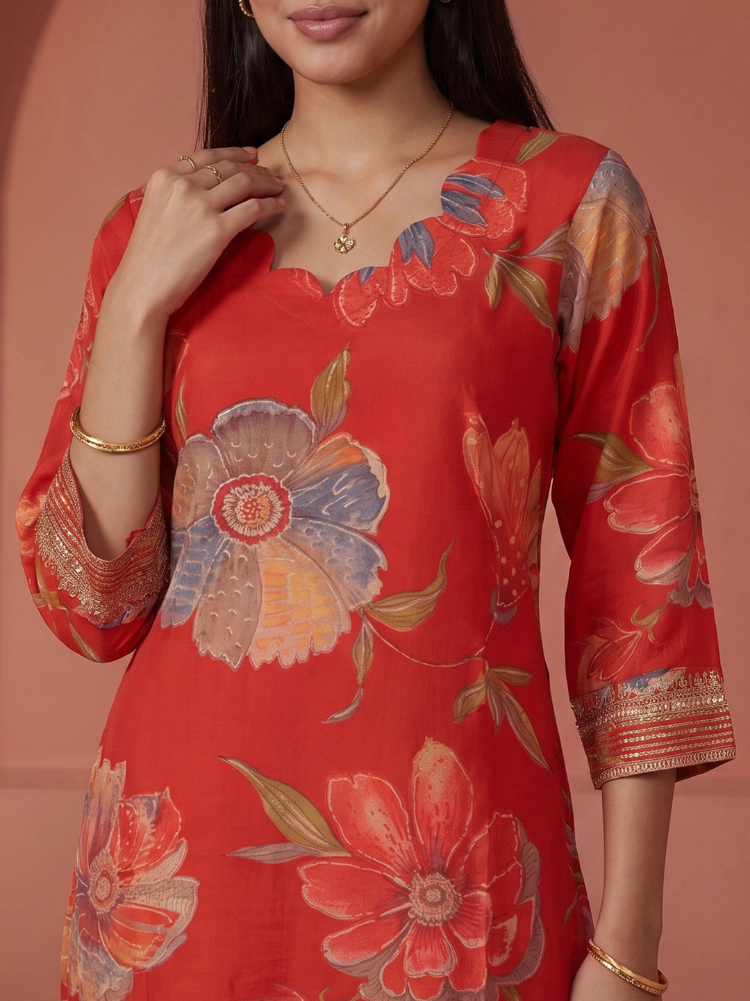 Red Printed Art Silk Kurta