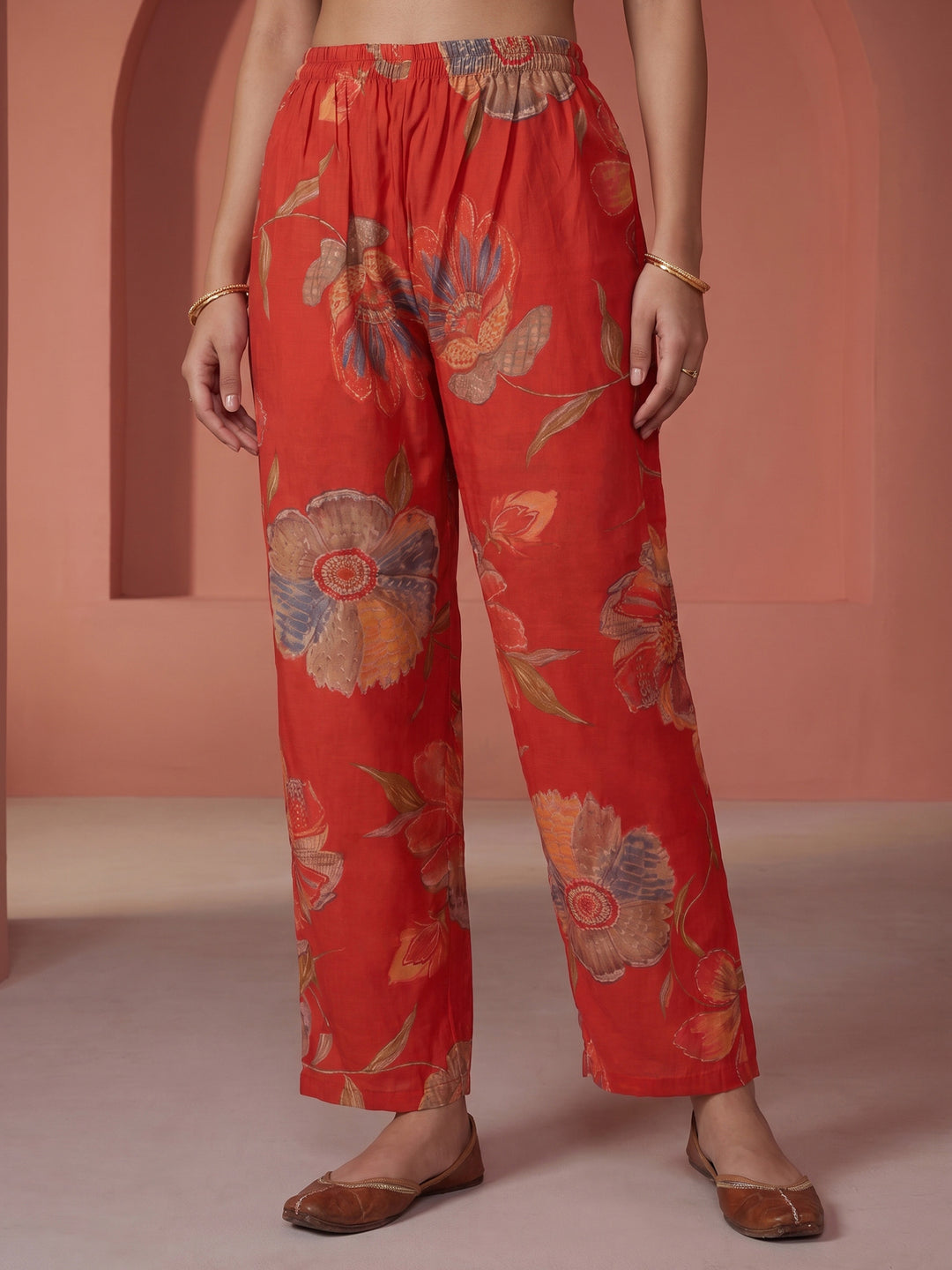 Red Printed Art Silk Kurta
