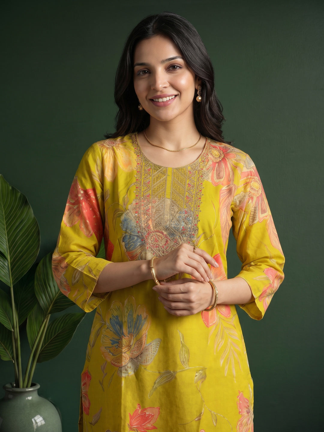 Lemon Embroidered Cotton Blend Kurta