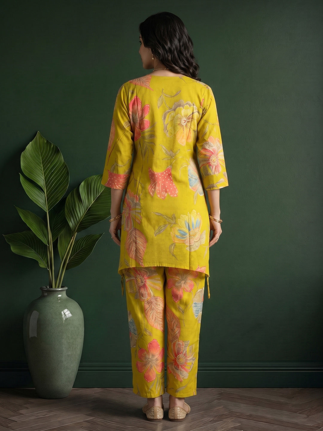Lemon Embroidered Cotton Blend Kurta