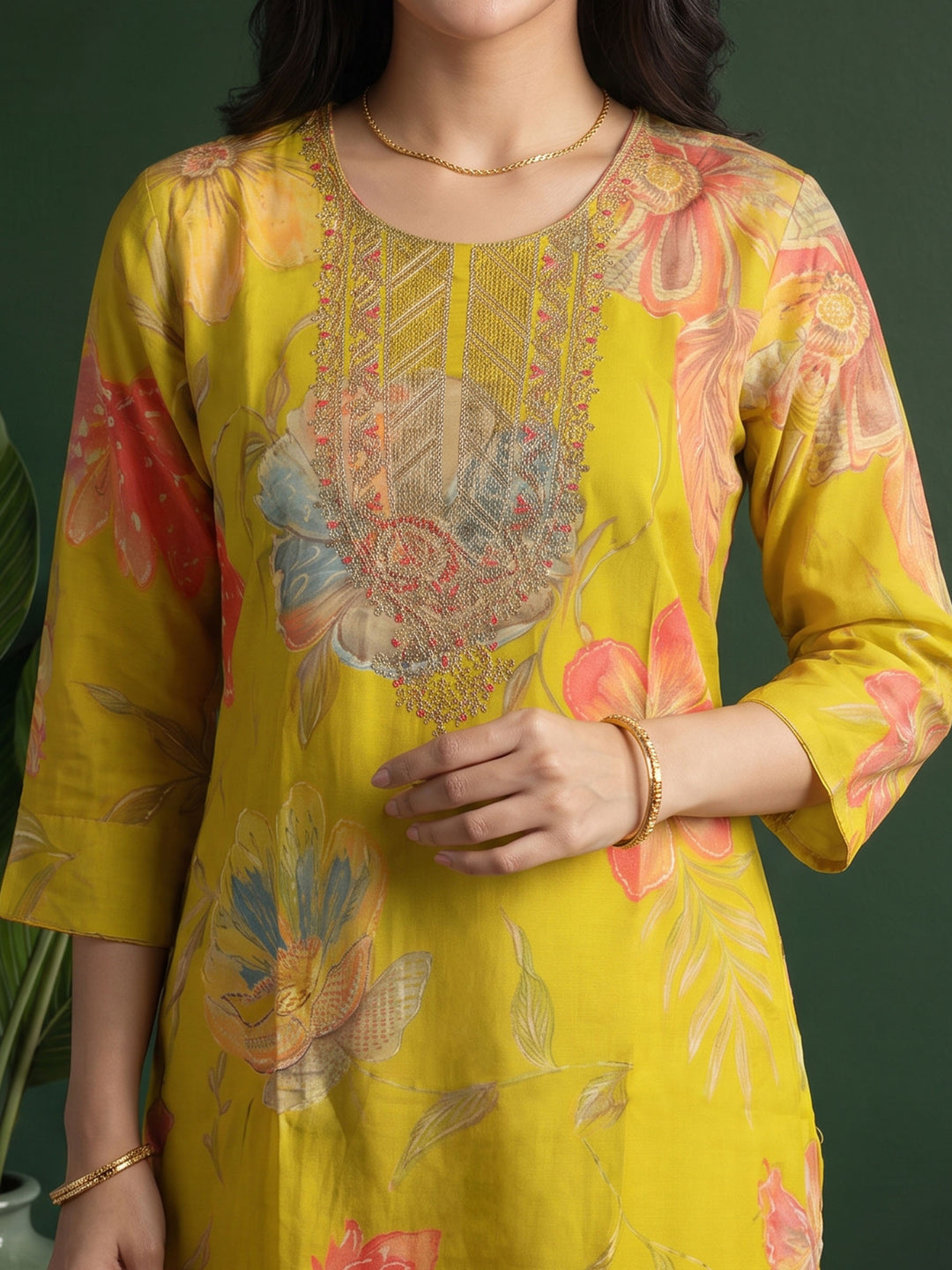 Lemon Embroidered Cotton Blend Kurta