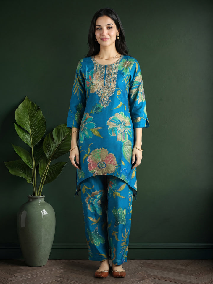 Teal Blue Embroidered Cotton Blend Kurta