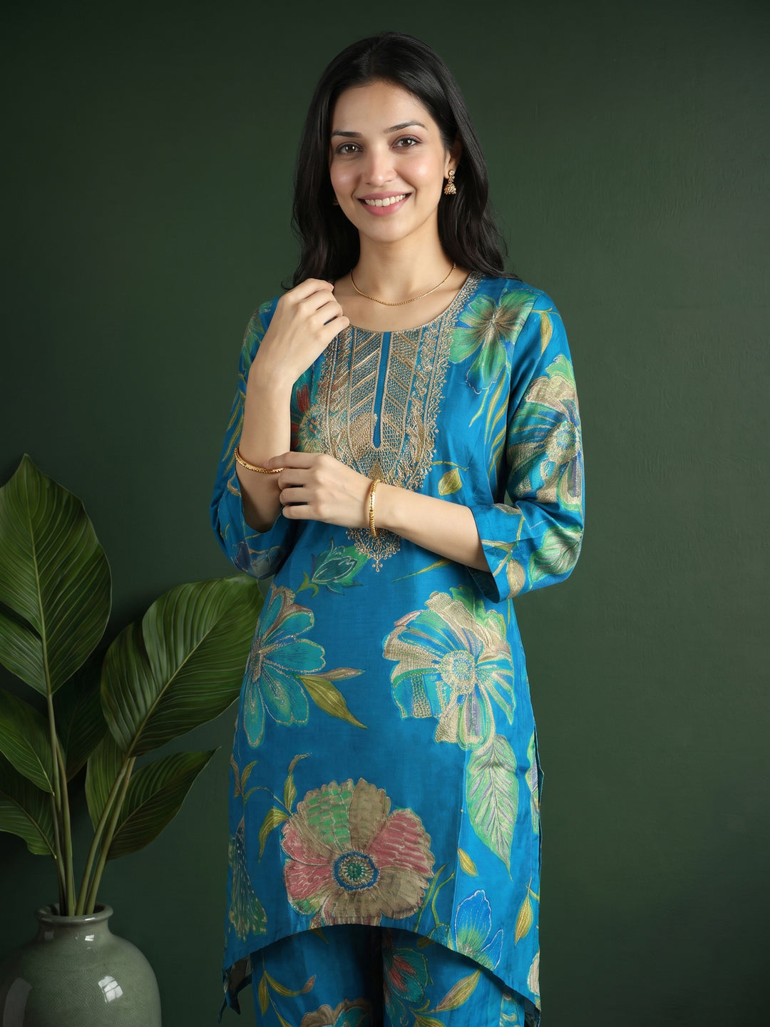 Teal Blue Embroidered Cotton Blend Kurta