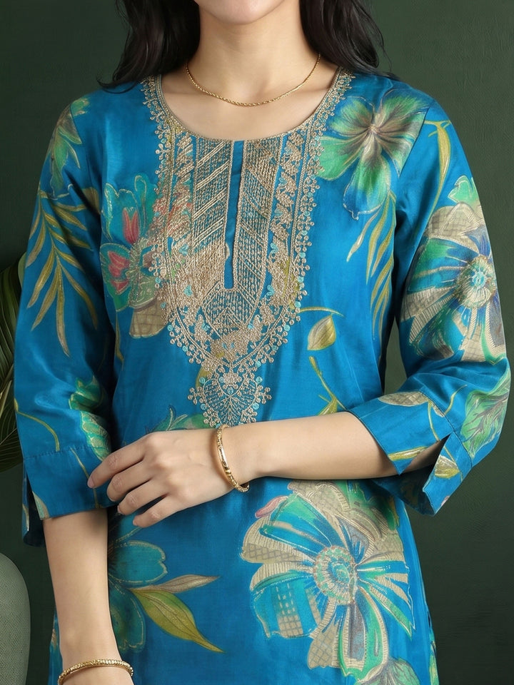 Teal Blue Embroidered Cotton Blend Kurta