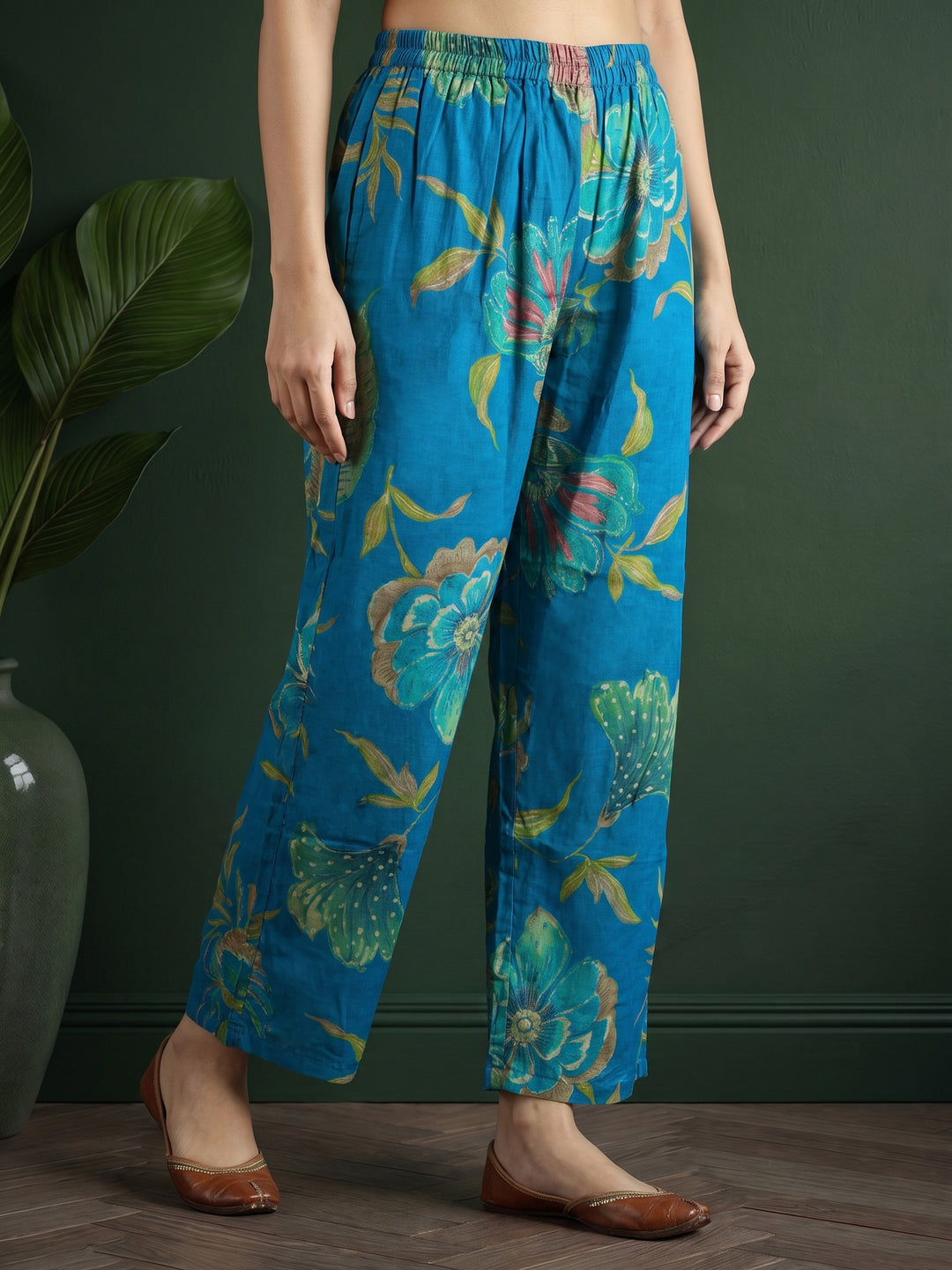 Teal Blue Embroidered Cotton Blend Kurta