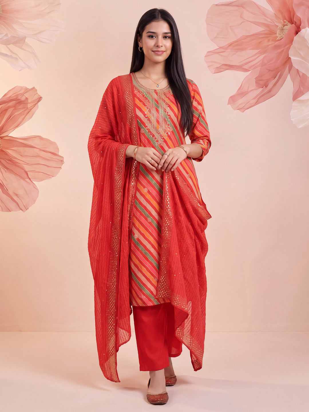 Red Printed Cotton Blend Kurta With Pant &amp; Dupatta