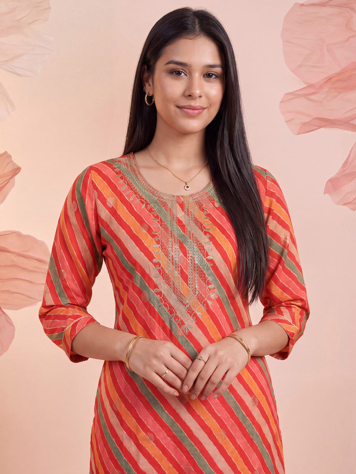 Red Printed Cotton Blend Kurta With Pant &amp; Dupatta