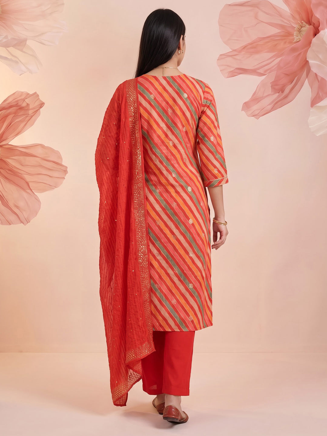 Red Printed Cotton Blend Kurta With Pant &amp; Dupatta