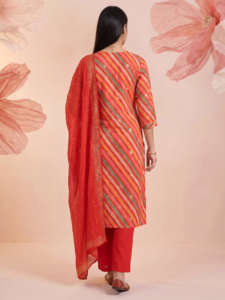 Red Printed Cotton Blend Kurta With Pant &amp; Dupatta