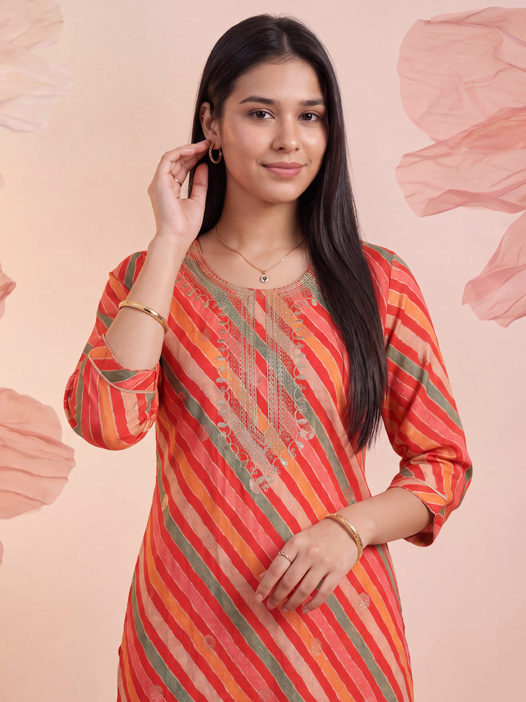 Red Printed Cotton Blend Kurta With Pant &amp; Dupatta