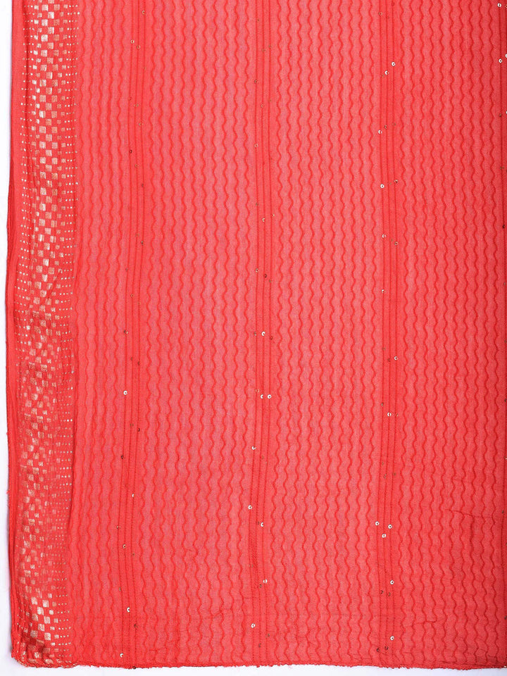 Red Printed Cotton Blend Kurta With Pant &amp; Dupatta