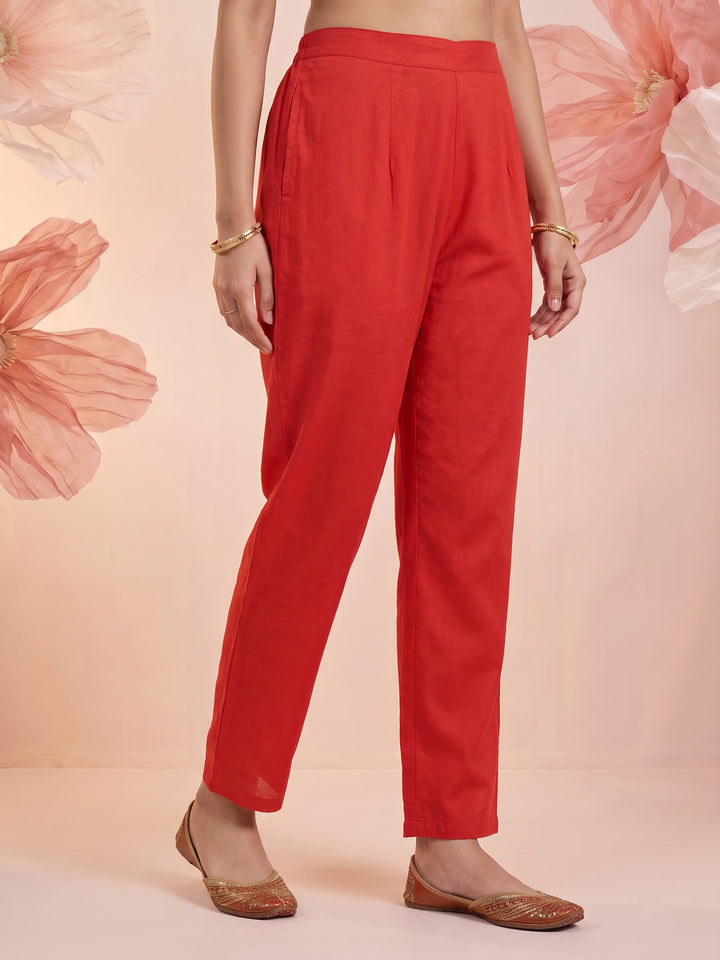 Red Printed Cotton Blend Kurta With Pant &amp; Dupatta