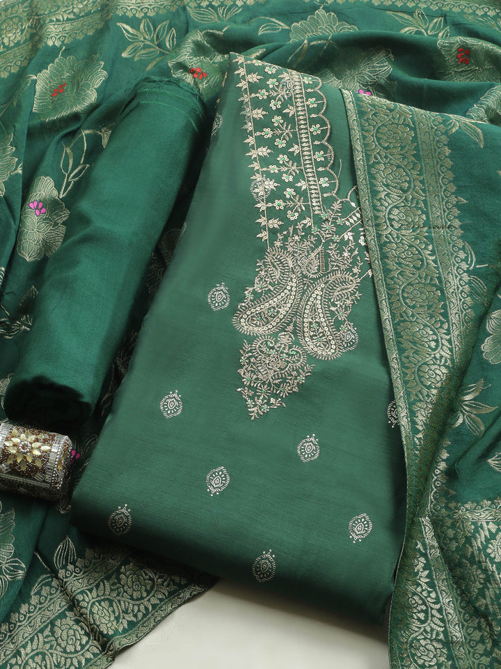 Bottle Green Embroidered Cotton Blend Unstitched Suit &amp; Pant With Banarsi Dupatta