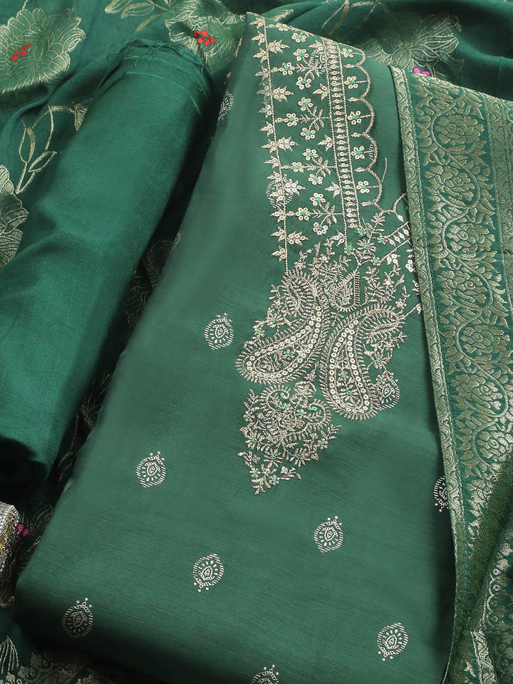 Bottle Green Embroidered Cotton Blend Unstitched Suit &amp; Pant With Banarsi Dupatta