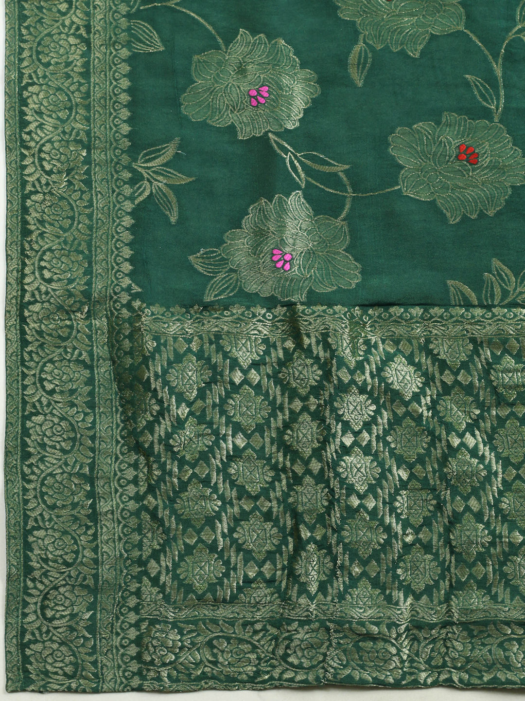 Bottle Green Embroidered Cotton Blend Unstitched Suit &amp; Pant With Banarsi Dupatta