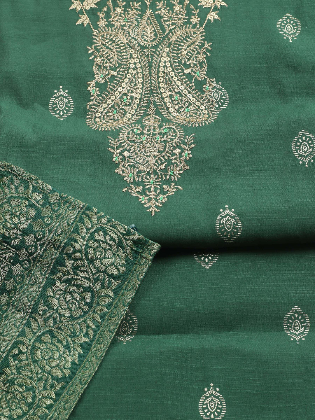 Bottle Green Embroidered Cotton Blend Unstitched Suit &amp; Pant With Banarsi Dupatta