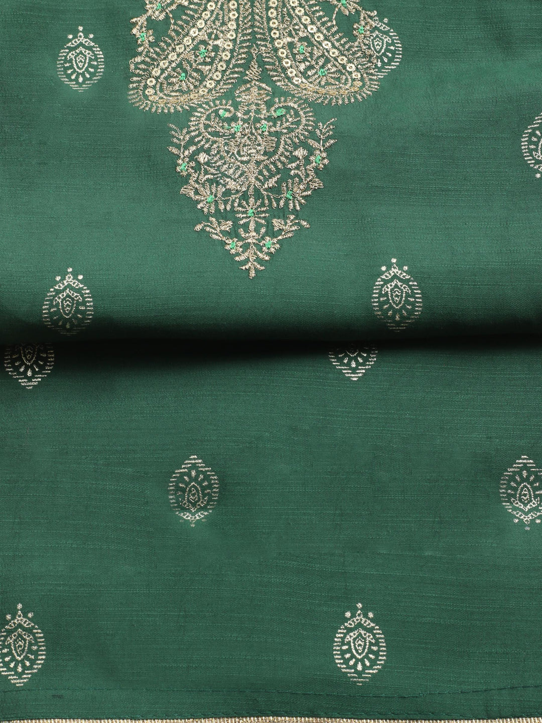 Bottle Green Embroidered Cotton Blend Unstitched Suit &amp; Pant With Banarsi Dupatta