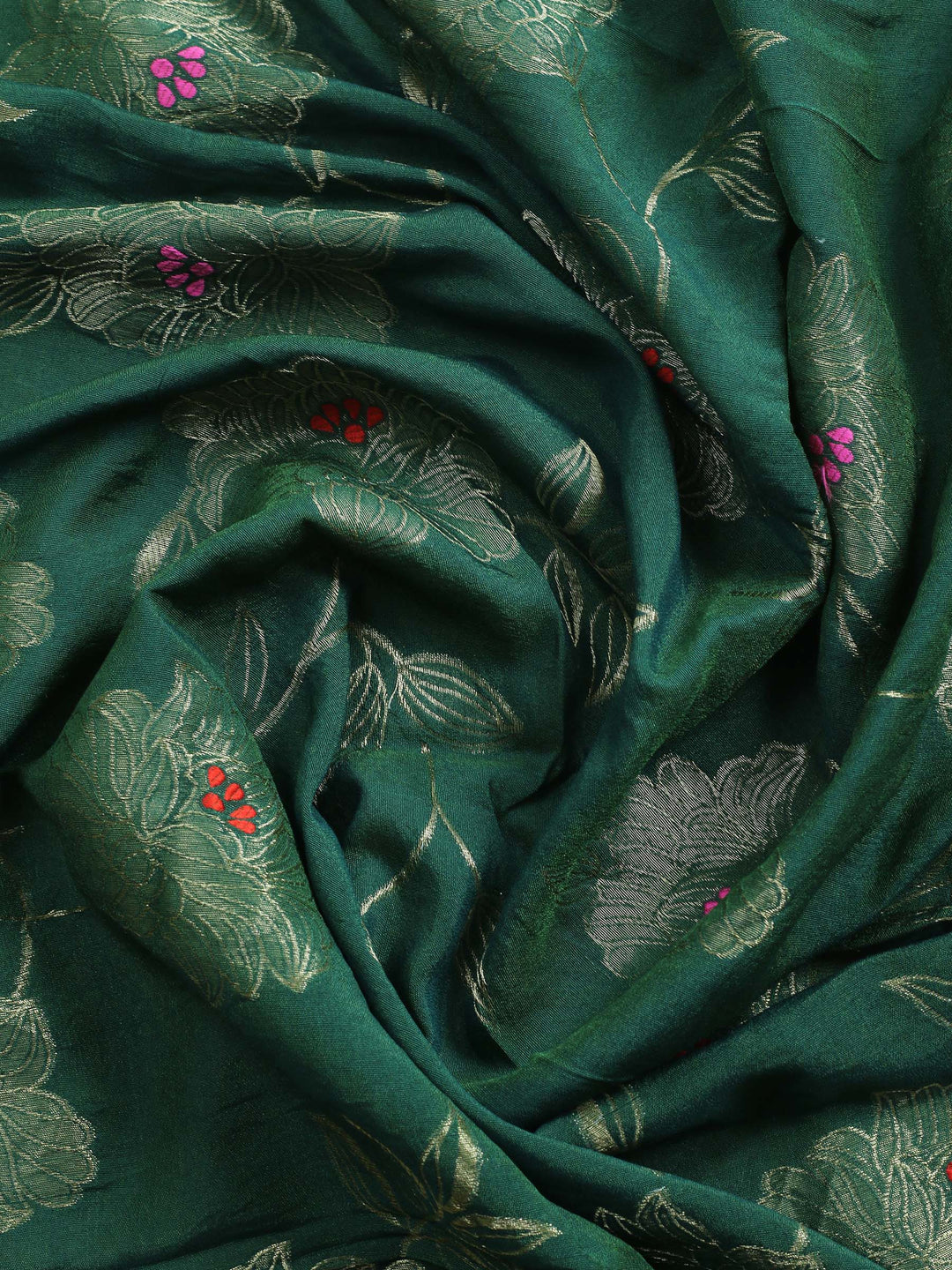 Bottle Green Embroidered Cotton Blend Unstitched Suit &amp; Pant With Banarsi Dupatta