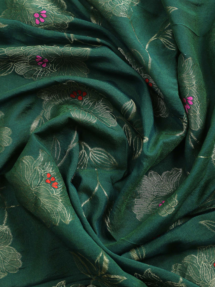 Bottle Green Embroidered Cotton Blend Unstitched Suit &amp; Pant With Banarsi Dupatta