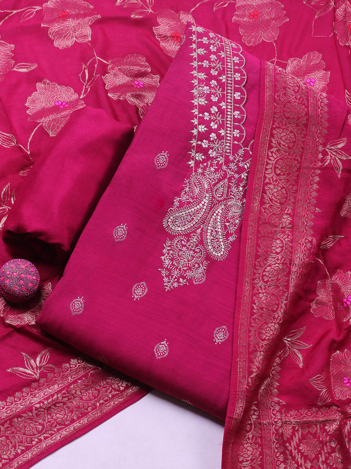 Rani Embroidered Cotton Blend Unstitched Suit &amp; Pant With Banarsi Dupatta