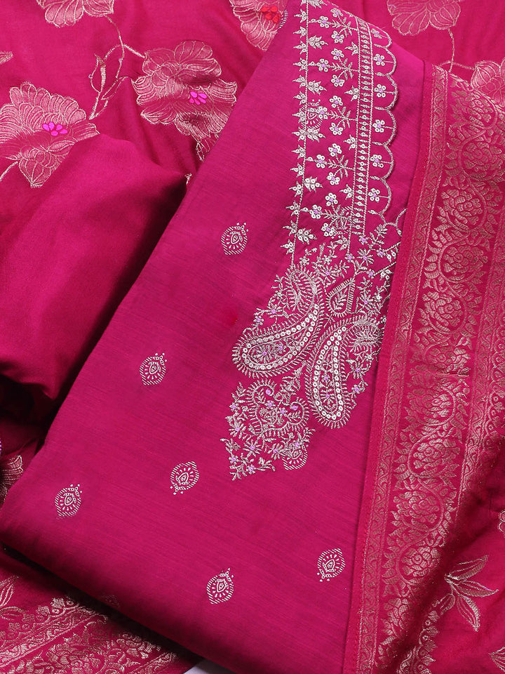 Rani Embroidered Cotton Blend Unstitched Suit &amp; Pant With Banarsi Dupatta