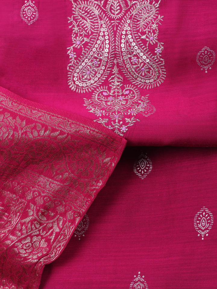 Rani Embroidered Cotton Blend Unstitched Suit &amp; Pant With Banarsi Dupatta