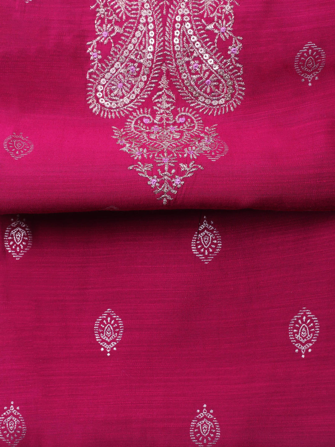 Rani Embroidered Cotton Blend Unstitched Suit &amp; Pant With Banarsi Dupatta