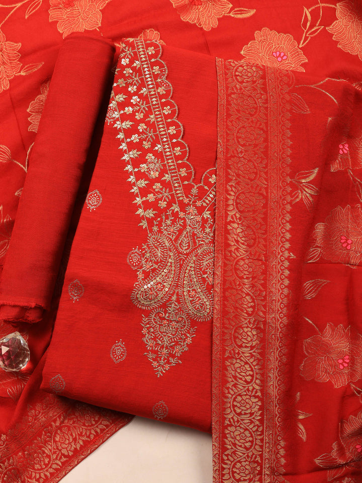 Red Embroidered Cotton Blend Unstitched Suit &amp; Pant With Banarsi Dupatta