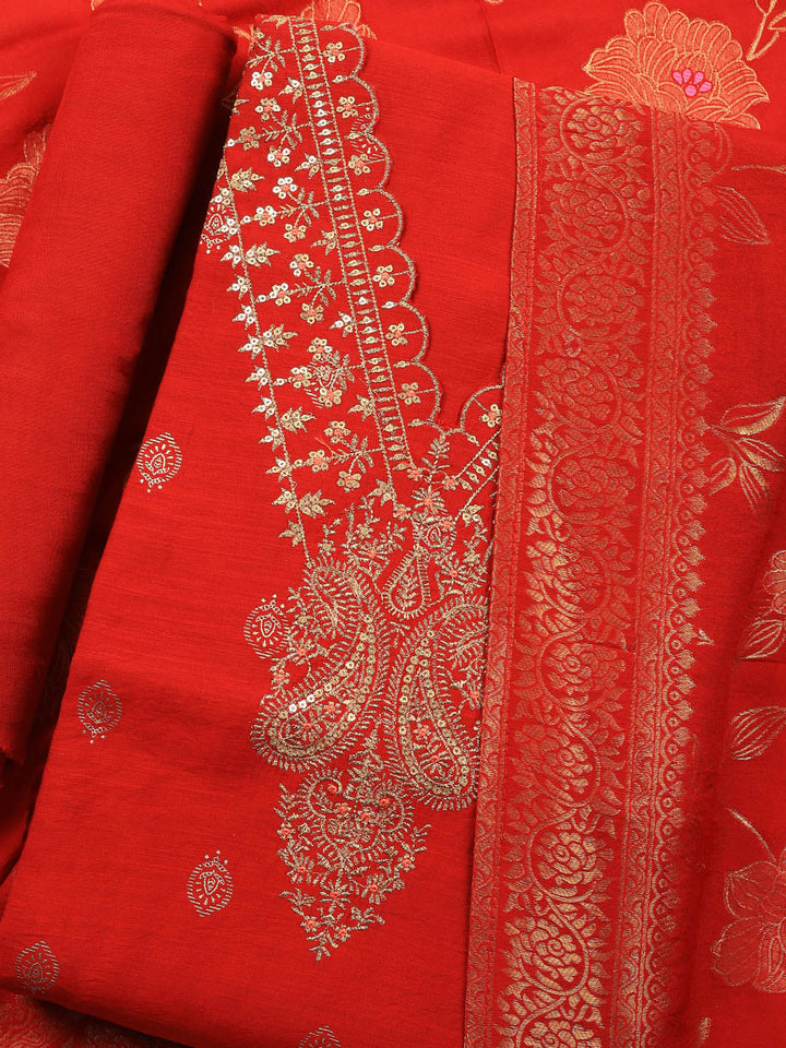 Red Embroidered Cotton Blend Unstitched Suit &amp; Pant With Banarsi Dupatta