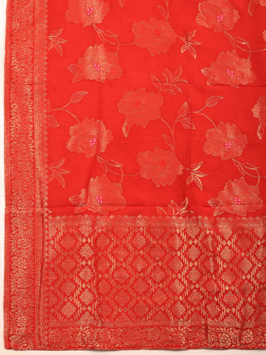 Red Embroidered Cotton Blend Unstitched Suit &amp; Pant With Banarsi Dupatta