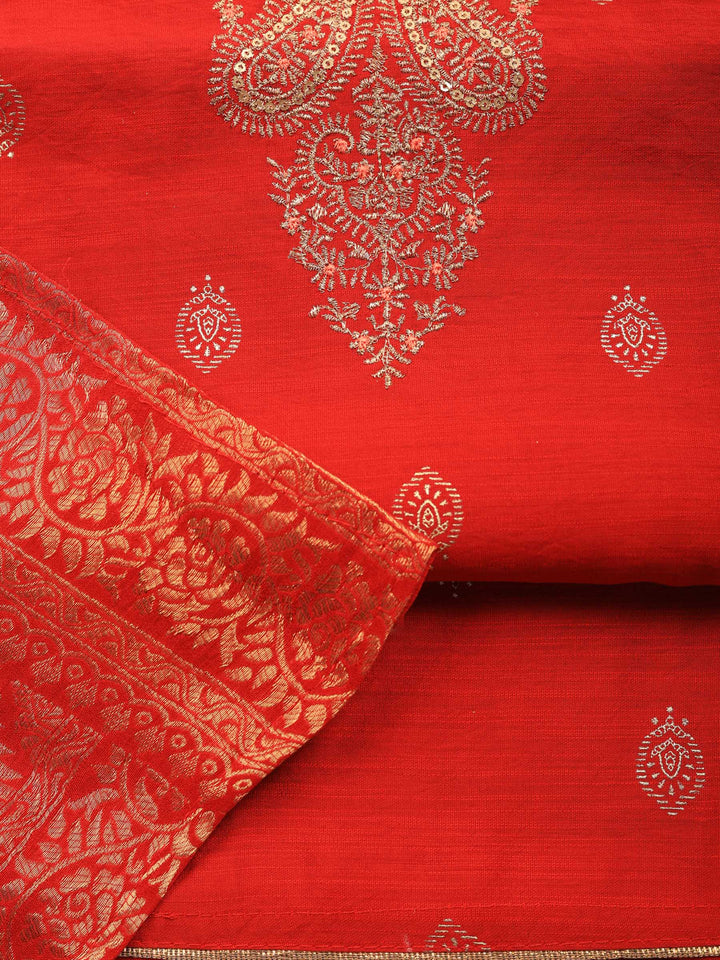 Red Embroidered Cotton Blend Unstitched Suit &amp; Pant With Banarsi Dupatta