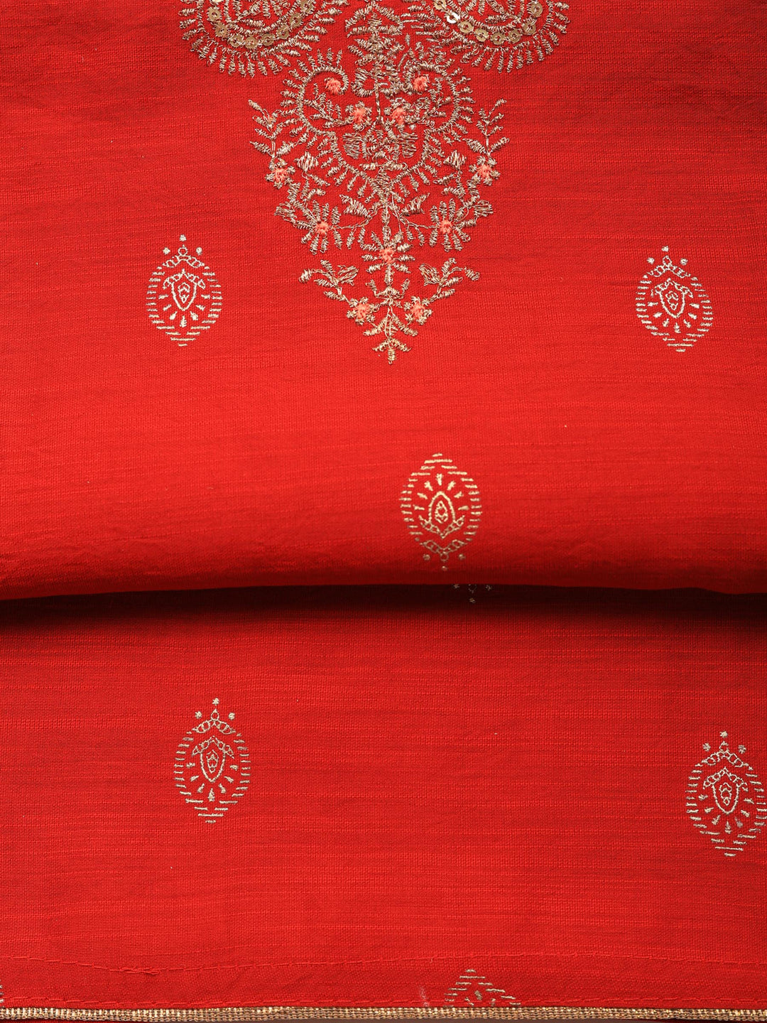 Red Embroidered Cotton Blend Unstitched Suit &amp; Pant With Banarsi Dupatta