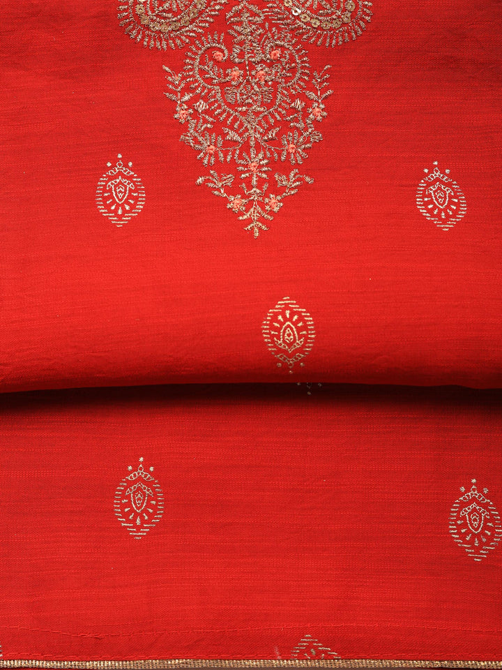 Red Embroidered Cotton Blend Unstitched Suit &amp; Pant With Banarsi Dupatta