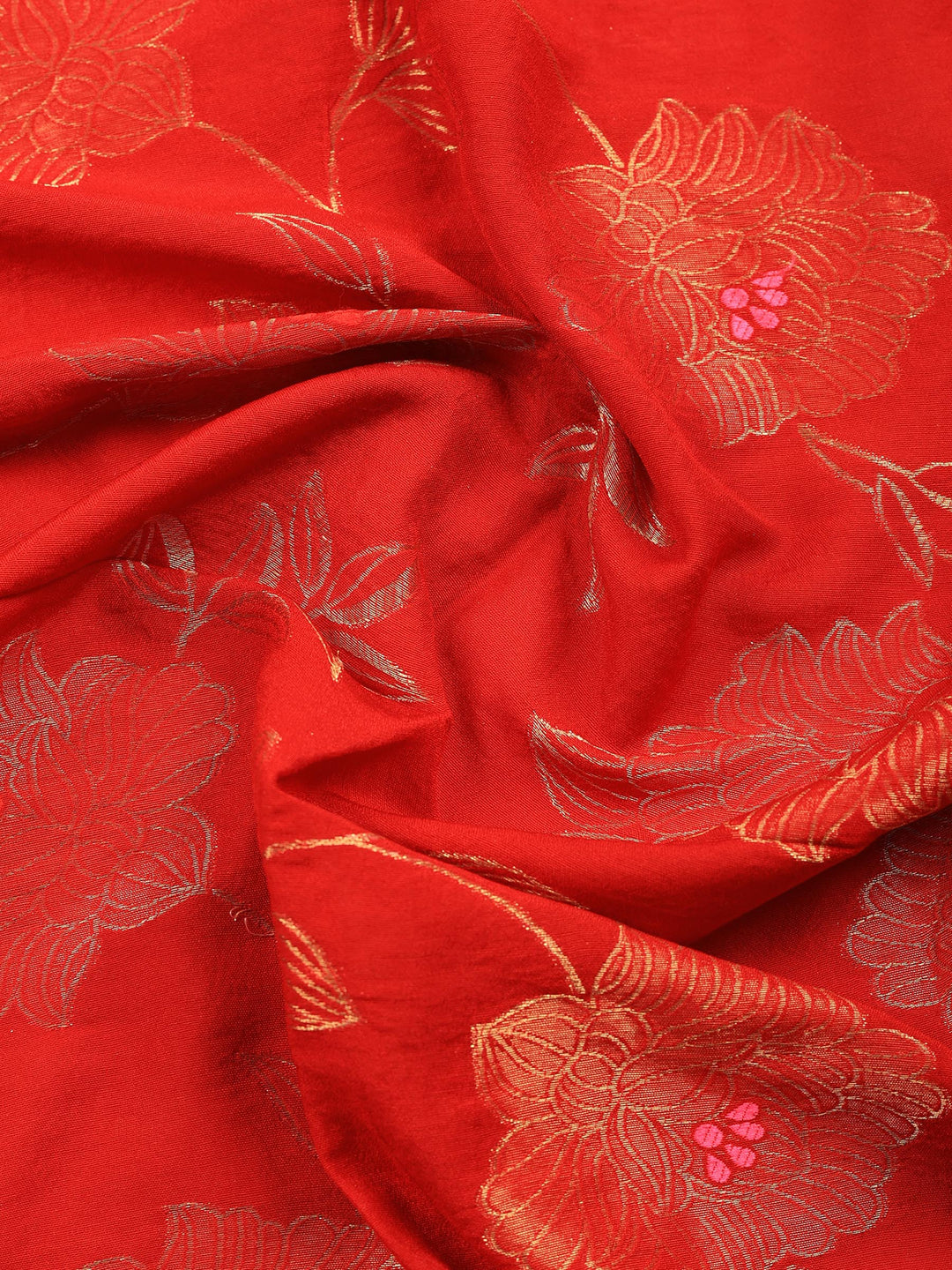 Red Embroidered Cotton Blend Unstitched Suit &amp; Pant With Banarsi Dupatta