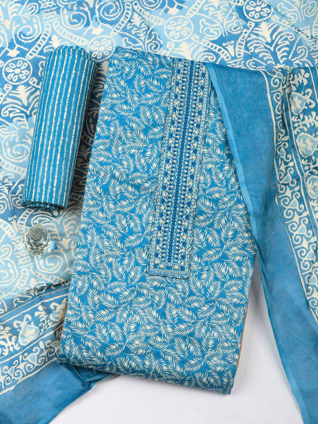 Blue Printed Cotton Blend Unstitched Dress Material